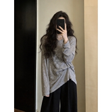 批发灰色小个子松弛感宽松长袖t恤<b class='q'>女</b>夏季空调防晒衫慵懒罩衫上衣薄款