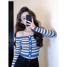 批发早秋独特蓝色条纹一字领露肩针织<b class='q'>打底衫</b>女设计感辣妹修身<b class='q'>长袖</b>上衣