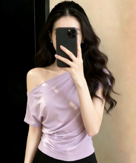 한 부서 보라색 비스듬한 어깨 보트넥 반팔 티셔츠 여성 여름 도파민 얇은 스타일 불규칙 허리 수축 쇼트 스타일 맨위