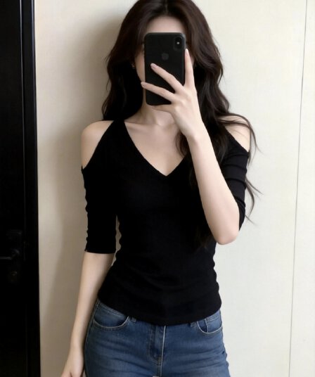 핫걸 허리 수축 검정색 오프숄더 V넥 반소매 티셔츠 여성 여름 Chic 쇼트 스타일 몸매 가꾸기 작은 키 5 점 소매 맨위
