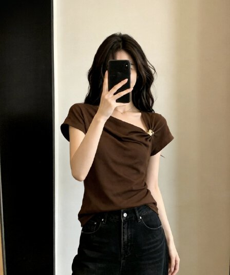 고유 한 아름다운 디자인 센스 작은 대중 맨위 한 인사이드 한 가스 청 순수한 시스템 느슨함 센스 브라운 이슬 쇄골 티셔츠 여성 여름