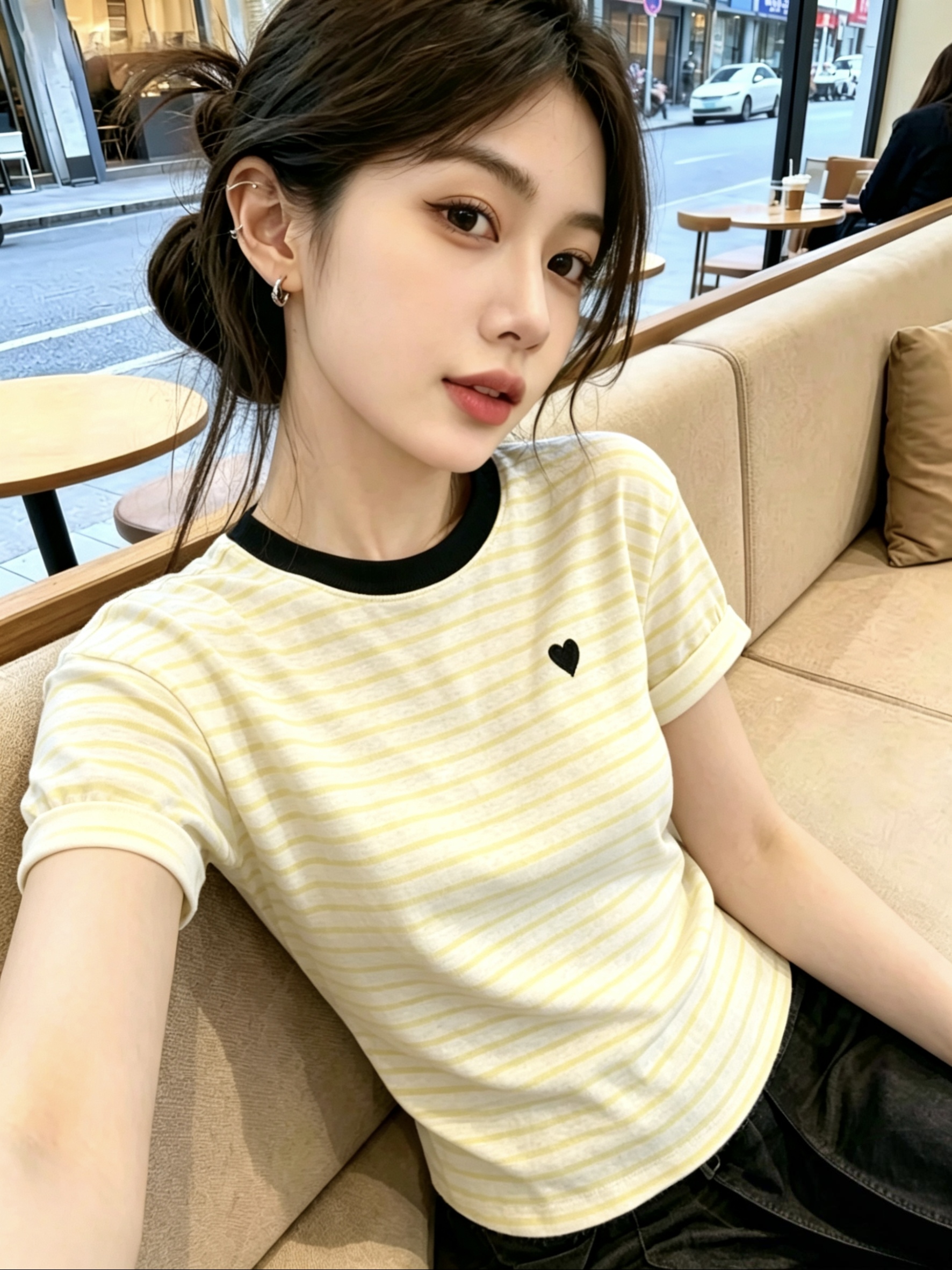 한 부서 2026 새로운 황색 스트라이프 자수 얼음 실크 긍정적 인 어깨 티셔츠 여성 여름 디자인 센스 맨위