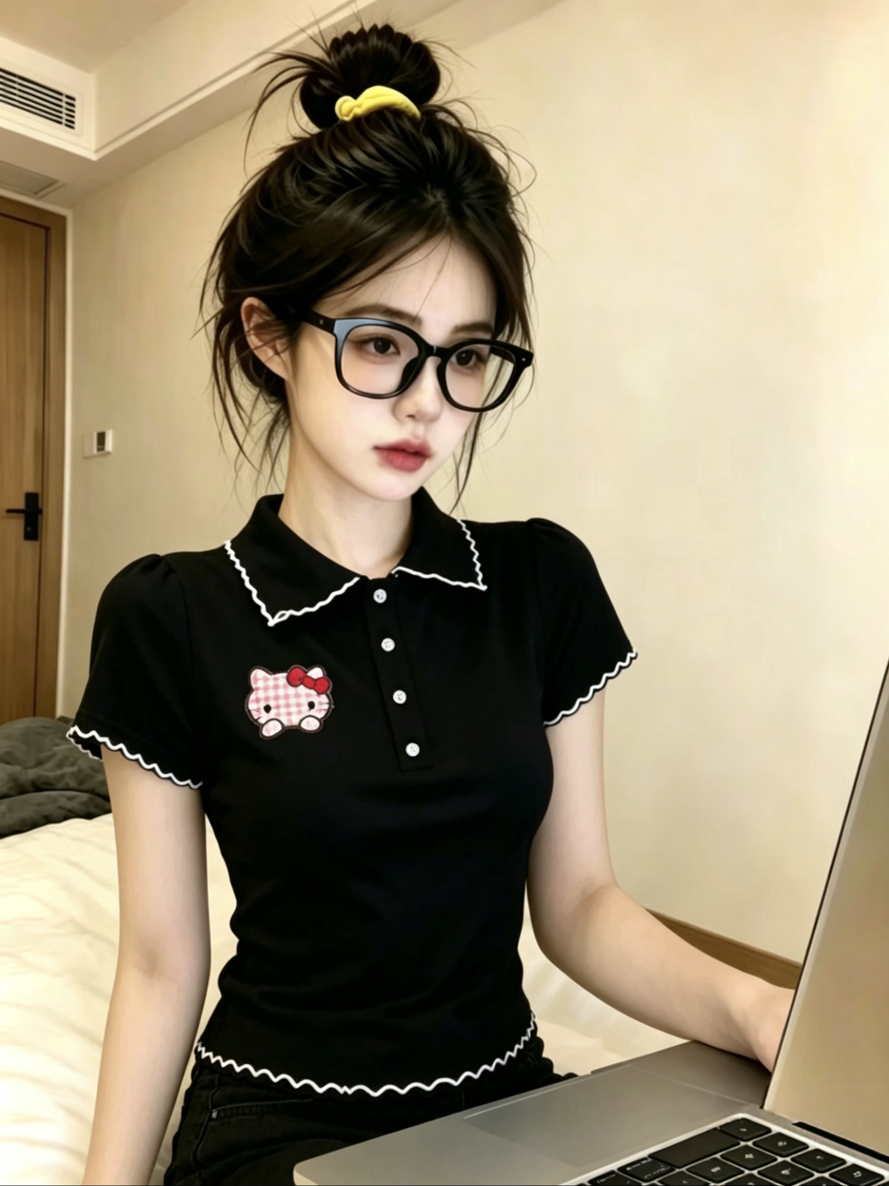 올해 인기 검정색 kt 고양이 POLO 칼라 반팔 티셔츠 여성 여름 2026 새로운 패션 다용도 맨위
