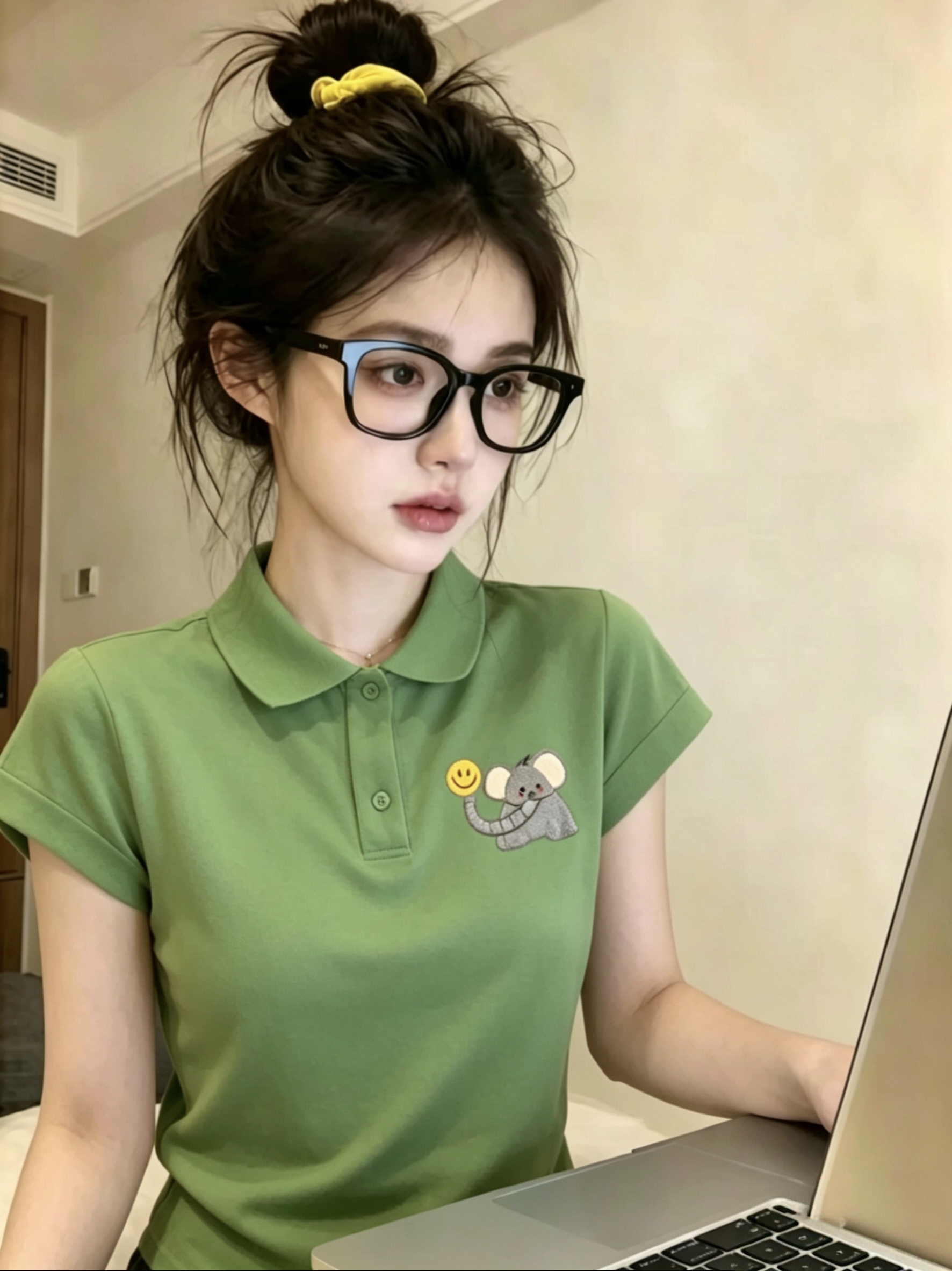 올해 인기 ~ 중 폴로 칼라 녹색 아기 코끼리 티셔츠 여성 여름 2026 새로운 도파민 착용 가져 가라. 외국 가스 빅 사이즈 맨위