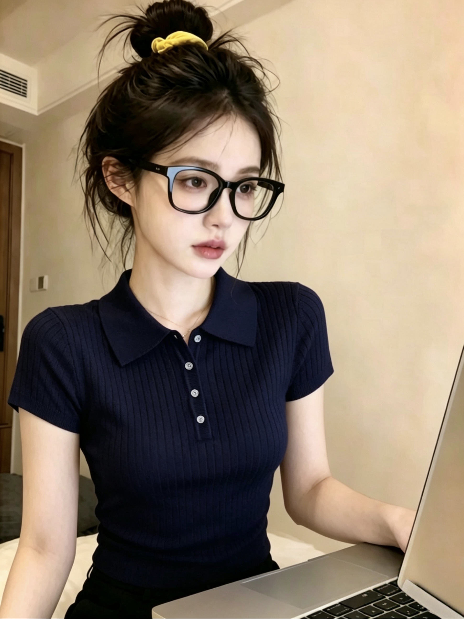 해군 POLO 칼라 얼음 실크 니트 긍정적 인 어깨 반팔 티셔츠 여성 여름 고급 센스 품격 몸매 가꾸기 폴로 칼라 맨위