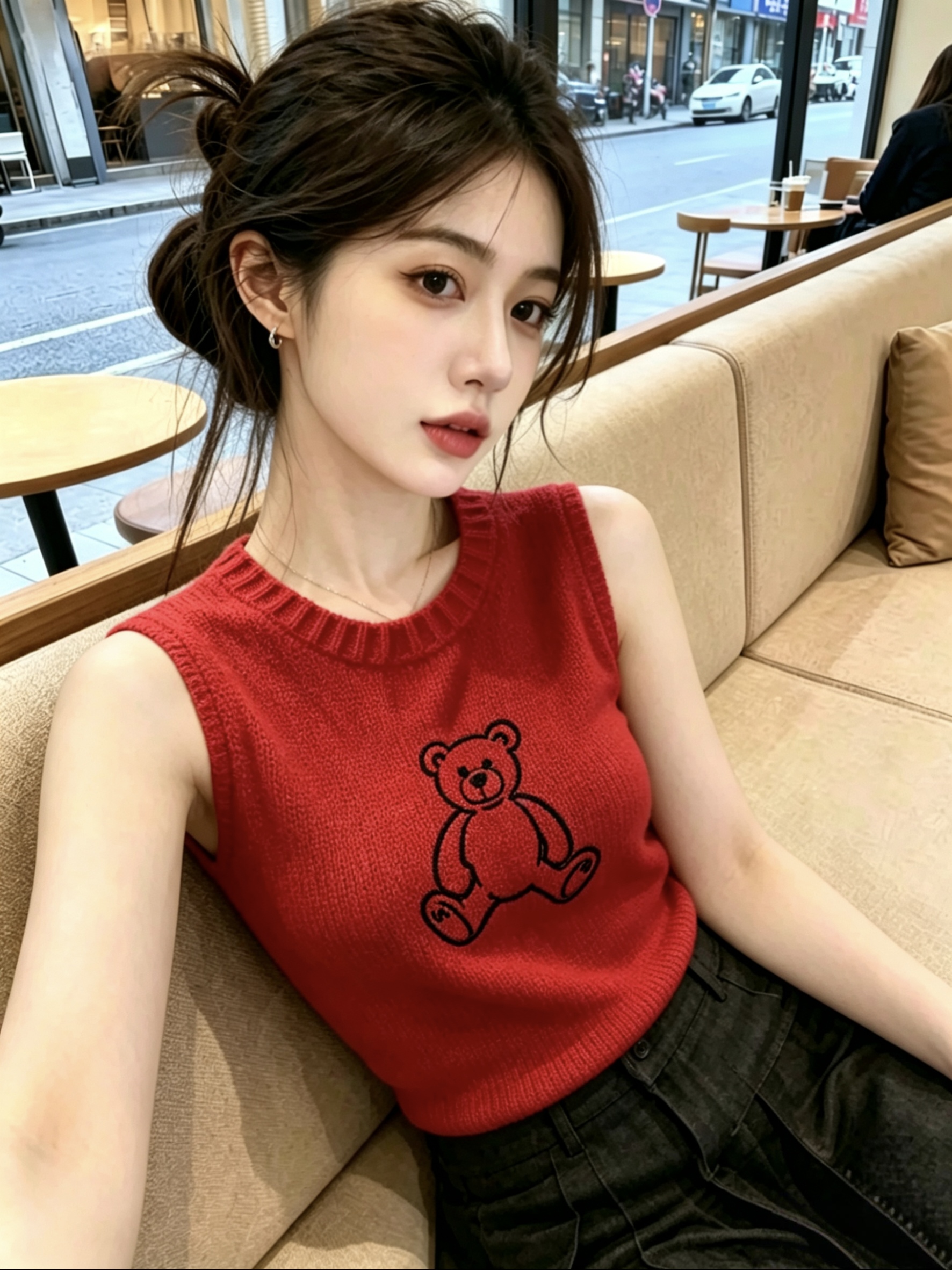 빨간색 작은 곰 패턴 반팔 여성 티셔츠 2026 새로운 프랑스식 빛 요리 한 작은 대중 아니요 명중 섹션 디스플레이 화이트 민소매 맨위