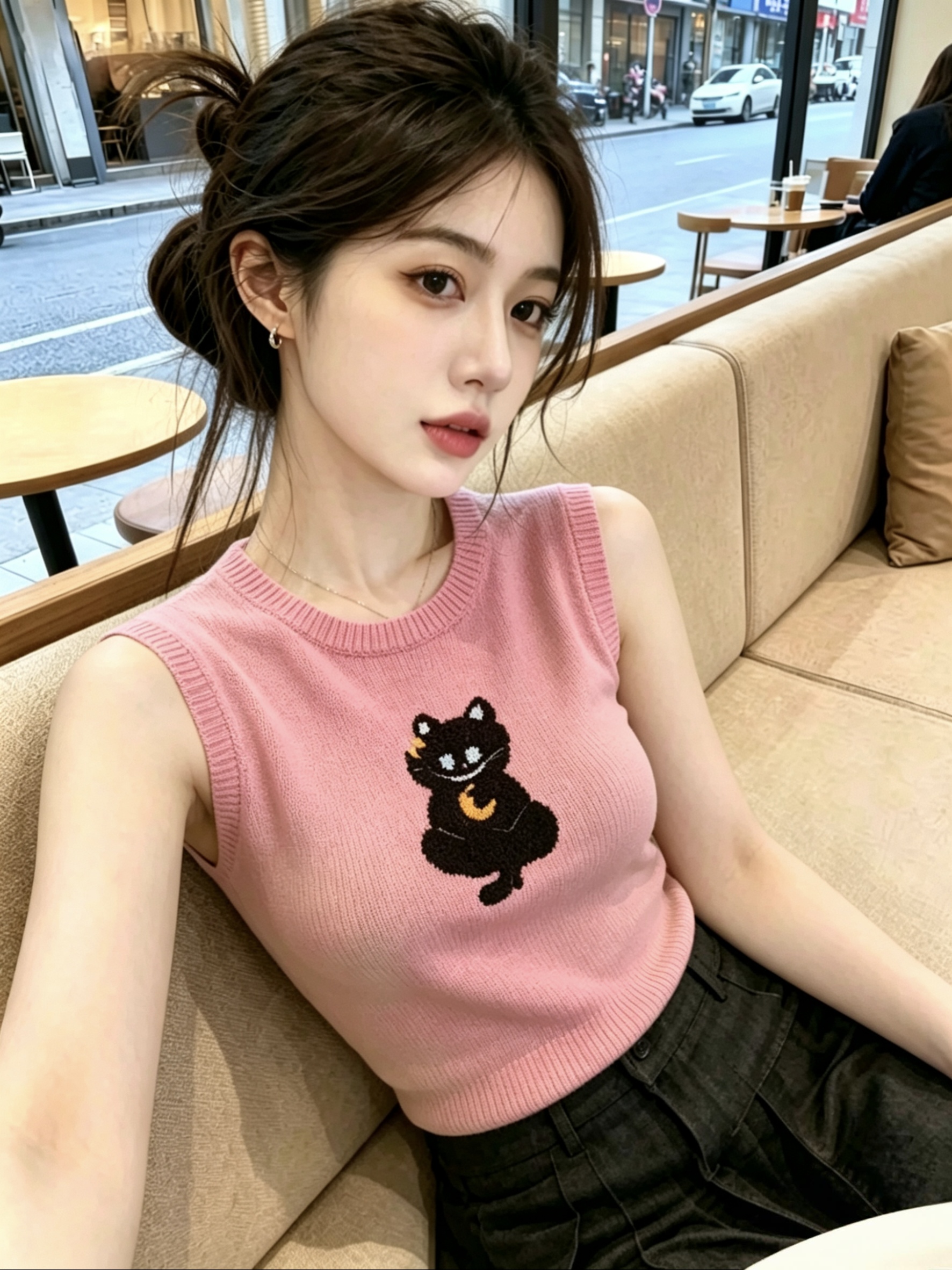 2026 새로운 한 인사이드 한 가스 여름 아름다운 아름다운 작은 맨위 연령 감소 장미 핑크색 새끼 고양이 니트 조끼 여성 여름