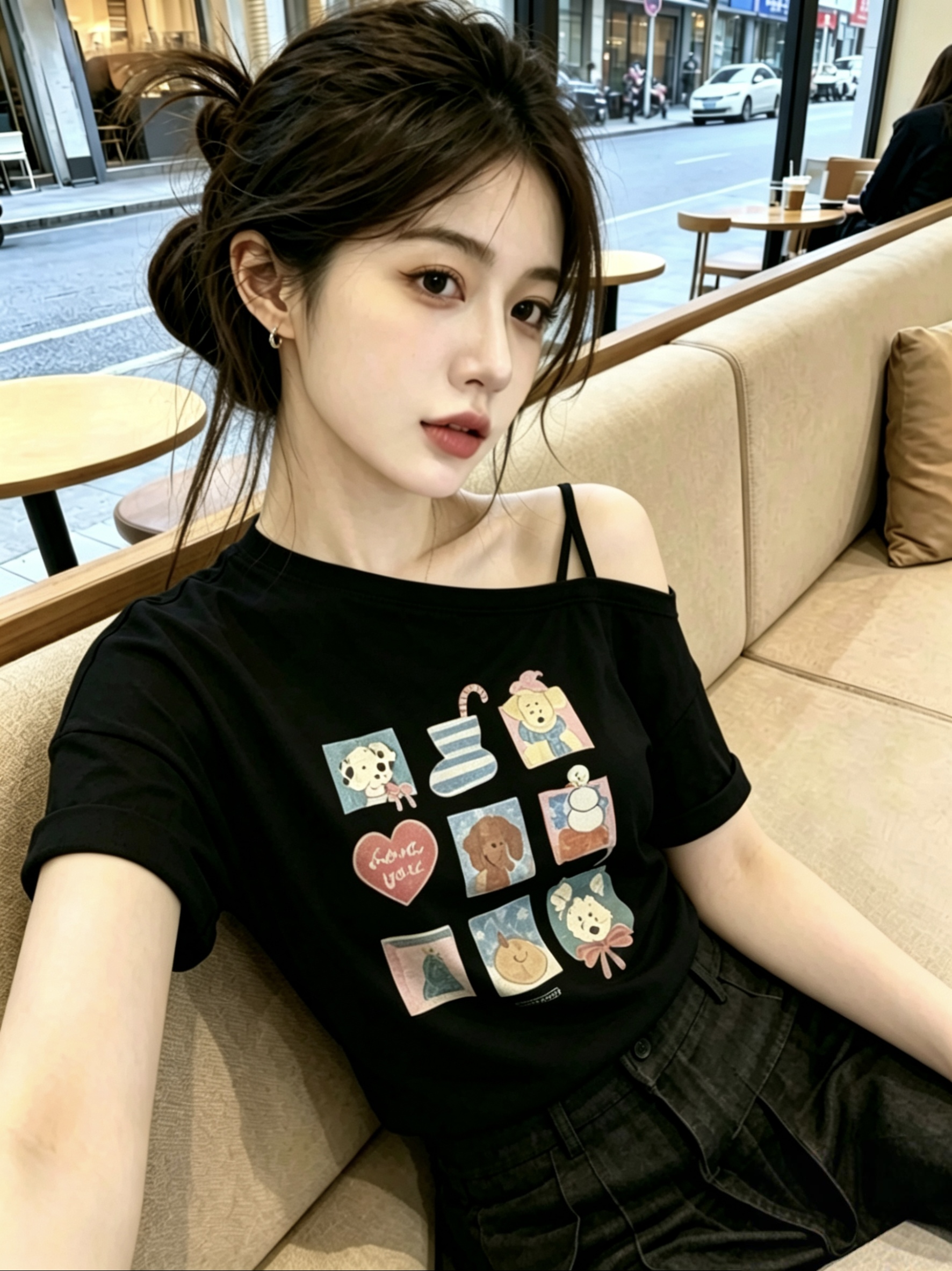 한 부서 검정색 만화 프린트 비스듬한 어깨 슬립 반팔 티셔츠 여성 디자인 센스 작은 대중 다용도 맨위 여름