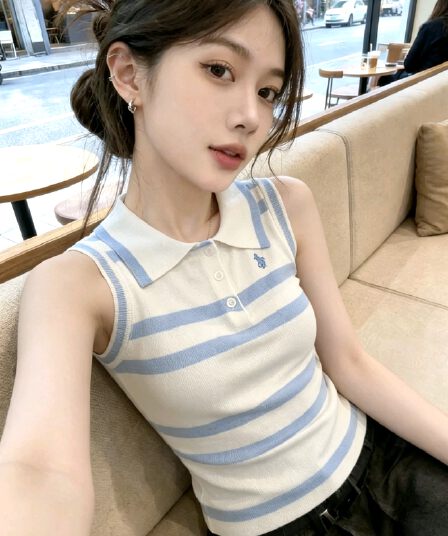 파란색 스트라이프 자수 학원 스타일 니트 조끼 여성 여름 2026 새로운 패션 몸매 가꾸기 슬림해 보이는 민소매 맨위