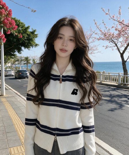 가을 겨울 새로운 여성 한국 스타일 루즈핏 패션 작은 키 스트라이프 스웨터 오픈 가디건 다용도 캐주얼 지퍼 스웨터 코트