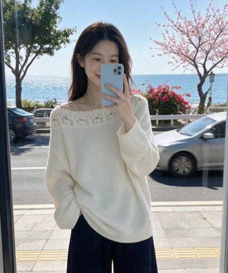 한 부서 보트넥 풀오버 홀로우 아웃 니트 스웨터 여성 봄 가을 새로운 빅 사이즈 지방 mm 루즈핏 슬림해 보이는 다용도 여성 스웨터