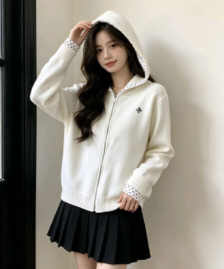 한 부서 느긋한 학원 스타일 후드 도트 무늬 패치워크 스웨터 오픈 가디건 여성 봄 가을 지퍼 니트 재킷 맨위
