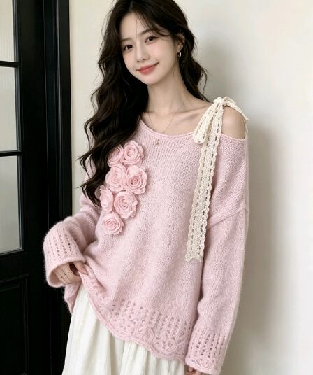 프랑스식 우아함 오프숄더 레이스업 무거운 작업 꽃 풀오버 니트 스웨터 달콤함 품격 다용도 스웨터 여자