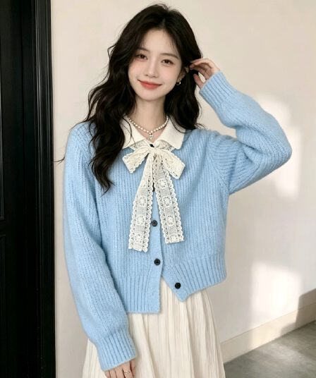 한 부서 분위기 센스 레이스 나비 매듭 스웨터 오픈 가디건 여성 가을 배색 POLO 칼라 와이드 부드러운 찹쌀 니트 재킷