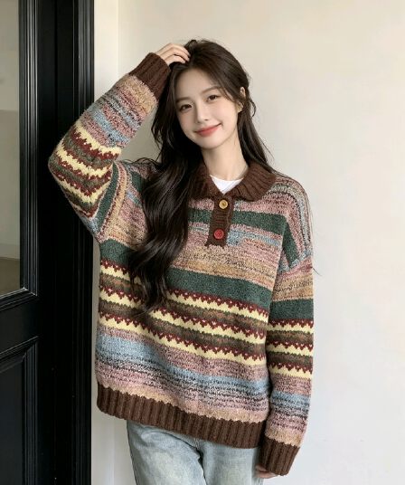 봄 가을 새로운 아름다움 라드. 착용 가져 가라. 색상 스트라이프 폴로 칼라 스웨터 오픈 가디건 여성 가을 겨울철 느긋한 바람 니트 재킷