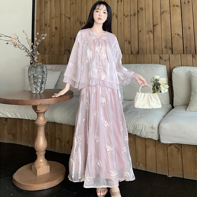 RY1701# 大码女装新中式气质国风上衣重工刺绣上衣+半身裙两件套遮肚显瘦