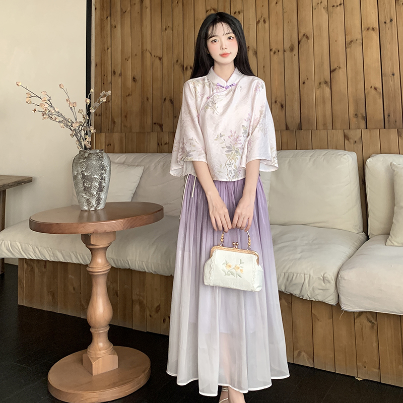 RY1700# 大码女装夏季新款新中式改良盘扣国风印花上衣+半身裙两件套