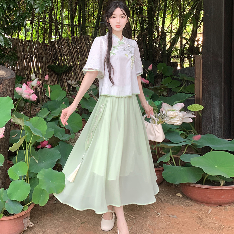 RY1699# 大码女装夏季新款新中式国风上衣重工刺绣+半身裙两件套