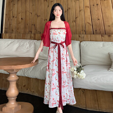 批发大码女装2026夏季新款遮肚显瘦大码两件套开衫+碎花吊带<b class='q'>连衣裙</b>