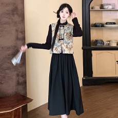 批发大码女装胖mm早秋新款新中式国风盘扣马甲+黑色<b class='q'>打底连衣裙</b>两件套