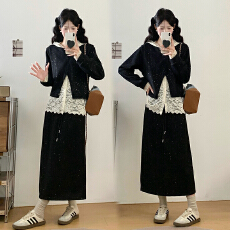 批发实拍~大码女装2025秋冬新款胖mm宽松显瘦<b class='q'>蕾丝</b>上衣<b class='q'>半身裙</b>三件套装