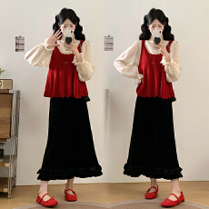 批发大码女装秋冬新款胖mm镂空波浪毛衣背心+减龄衬衫半身裙三件套