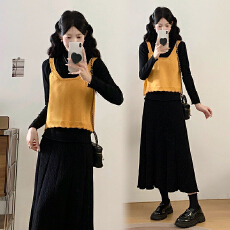 批发大码女装秋冬新款吊带背心+黑色打底衫上衣减龄显瘦半身裙三件套