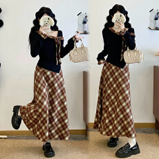 批发大码女装韩系时尚女秋季露肩长袖上衣胖mm高腰减龄格子半身裙套装