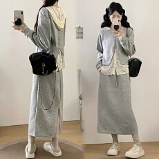 批发实拍~大码女装2025秋冬新款胖mm宽松显瘦蕾丝上衣半身裙三件套装