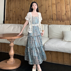 批发2026波西米亚复古度假吊带长裙超仙雪纺大码<b class='q'>连衣裙</b>+开衫两件套