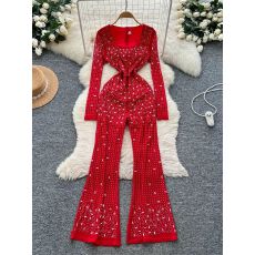 批发<b class='q'>欧美</b>时尚重工烫钻方领长袖<b class='q'>连体裤女</b>秋季高腰显瘦休闲垂感网纱长裤