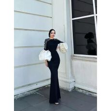 批发高级感黑色重工<b class='q'>钉珠</b>礼服灯笼袖优雅开叉长裙宴会敬酒晚礼服裙