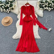 批发名媛高端优雅礼服女<b class='q'>欧美</b>时尚V领挂脖飘带修身显瘦网纱烫钻<b class='q'>连衣裙</b>