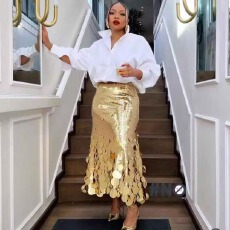 批发<b class='q'>欧美</b>新款晚会时尚大码重工大亮片珠片装饰高腰半身裙