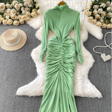 批发<b class='q'>欧美</b>独特绝美交叉半高领<b class='q'>连衣裙</b>女小众优雅不规则褶皱花苞礼服长裙