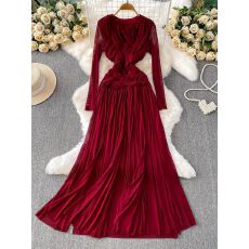 批发<b class='q'>欧美</b>小众时髦洋气打结网纱圆领<b class='q'>连衣裙</b>女秋季收腰显瘦大摆优雅长裙