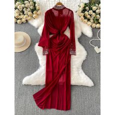 批发名媛高级感重工镶钻钉珠半高领<b class='q'>连衣裙</b>女轻奢褶皱收腰优雅开叉长裙