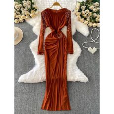 批发<b class='q'>欧美</b>风名媛高级感轻奢镶钻长袖<b class='q'>连衣裙</b>女秋季网纱飘带修身优雅礼服