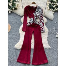 批发御姐范高级感重工亮片闪闪V领长袖连体裤女轻奢名媛高腰微喇长裤