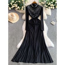 批发<b class='q'>欧美</b>名媛轻奢重工镶钻烫钻立领<b class='q'>连衣裙</b>女秋冬收腰优雅鱼尾礼服长裙