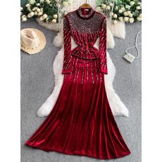 批发<b class='q'>欧美</b>ins重工闪闪烫钻立领<b class='q'>连衣裙</b>女冬季丝绒收腰优雅鱼尾礼服长裙