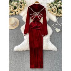 批发<b class='q'>欧美</b><b class='q'>高端</b>轻奢重工镶钻圆领长袖礼服女冬季丝绒收腰优雅长款连衣裙