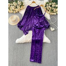 批发<b class='q'>欧美</b>风轻奢不规则重工钉珠圆领灯笼袖上衣优雅吊带连衣裙丝绒<b class='q'>套装</b>