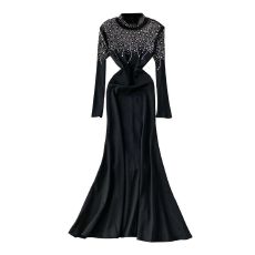 批发欧美ins小众高级感重工烫钻圆领<b class='q'>连衣裙</b>女秋季收腰优雅鱼尾礼服裙