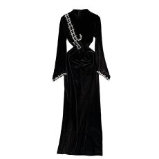 批发高端优雅气质重工镶钻半高领喇叭袖<b class='q'>连衣裙</b>女冬季丝绒收腰礼服长裙