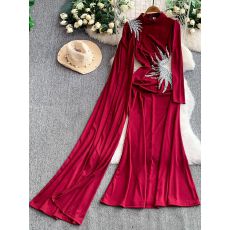 批发<b class='q'>欧美</b>ins小众高级感重工烫钻圆领<b class='q'>连衣裙</b>女秋季收腰优雅鱼尾礼服裙