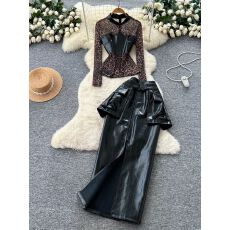 批发美<b class='q'>名媛</b>时尚<b class='q'>套装</b>女洋气网纱豹纹长袖拼接上衣高腰开叉皮衣半身裙