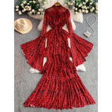 批发<b class='q'>欧美</b>小众洋气网纱拼接豹纹圆领荷叶边喇叭袖收腰优雅鱼尾连衣长裙