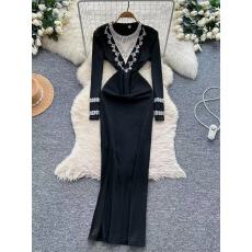 批发黑色礼服女高贵优雅重工镶钻<b class='q'>网纱</b>拼接收腰修身包臀连衣裙开叉<b class='q'>长裙</b>