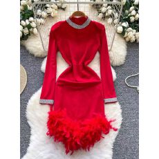 批发欧美小众轻奢<b class='q'>名媛</b>重工烫钻毛毛拼接长袖<b class='q'>连衣裙</b>女收腰包臀红色礼服